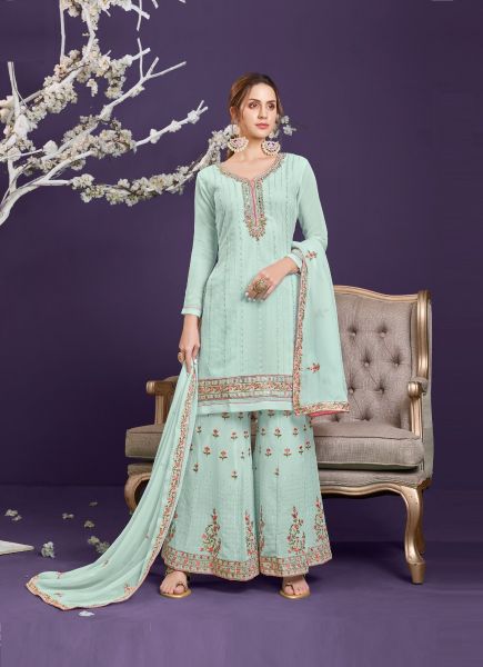 Light Blue Georgette With Thread Embroidery & Sequins Work Palazzo-Bottom Salwar Kameez