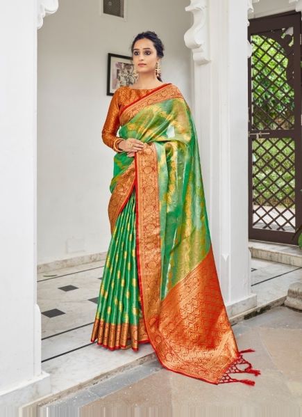Parrot Green Tissue Silk With Banarasi Border Saree