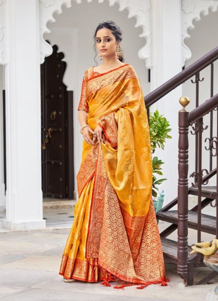 Orange Soft Tissue Silk With Banarasi Border Saree