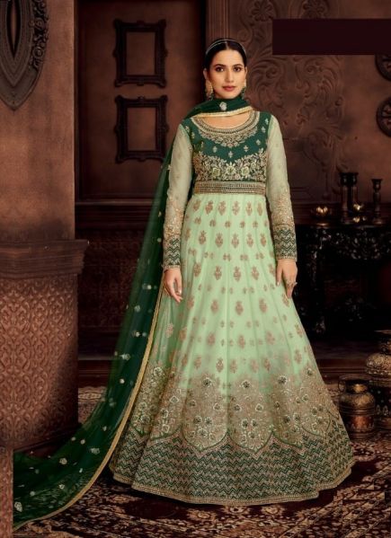 Light Green Butterfly Net With Heavy Embroidery Floor-Length Salwar Kameez