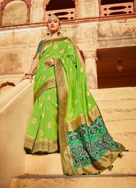 Light Green Patola Silk Saree With Designer Blouse