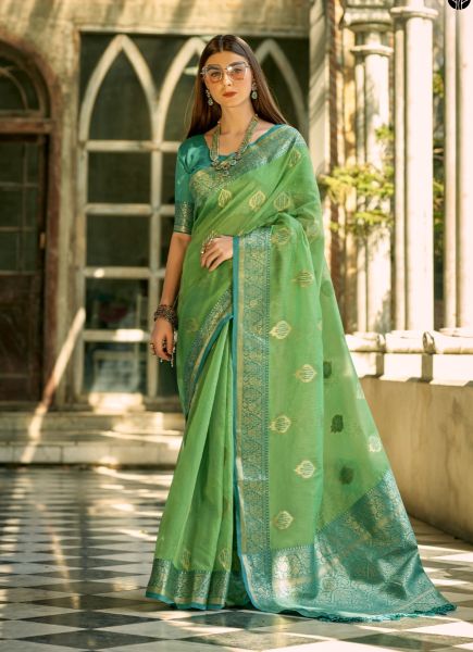 Light Green Woven Tissue Silk Saree For Traditional / Religious Occasions