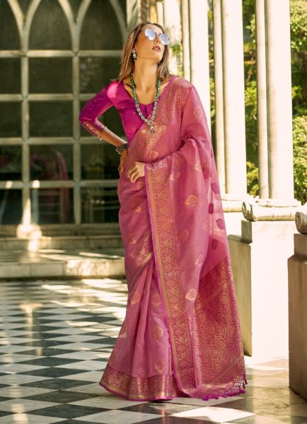 Pink Woven Tissue Silk Saree For Traditional / Religious Occasions