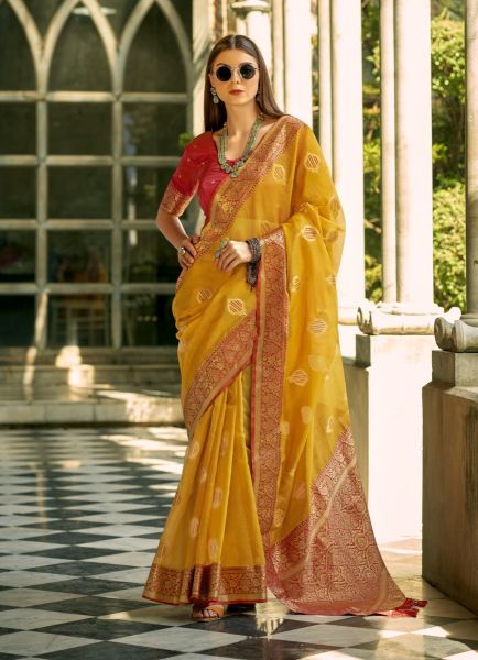 Yellow Woven Tissue Silk Saree For Traditional / Religious Occasions