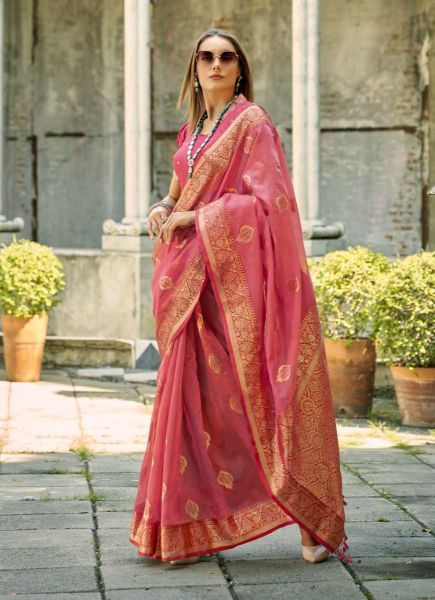 Light Coral Woven Tissue Silk Saree For Traditional / Religious Occasions