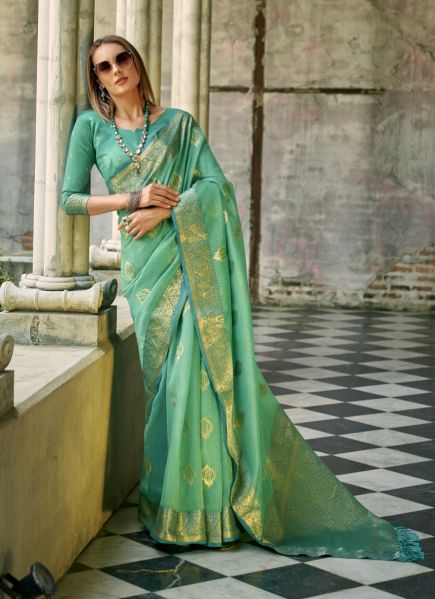Mint Green Woven Tissue Silk Saree For Traditional / Religious Occasions