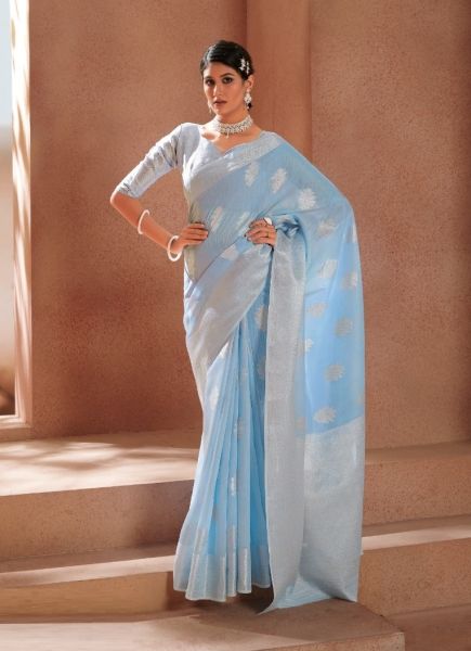 Light Sky Blue Modal Silk With Zari Weaving Saree