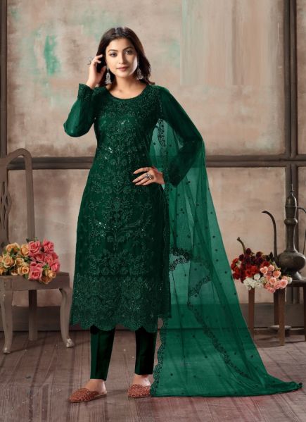 Dark Green Net With Embroidery Chudidar Salwar Kameez