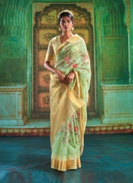 Light Green Linen Digital Silk Weaving Saree