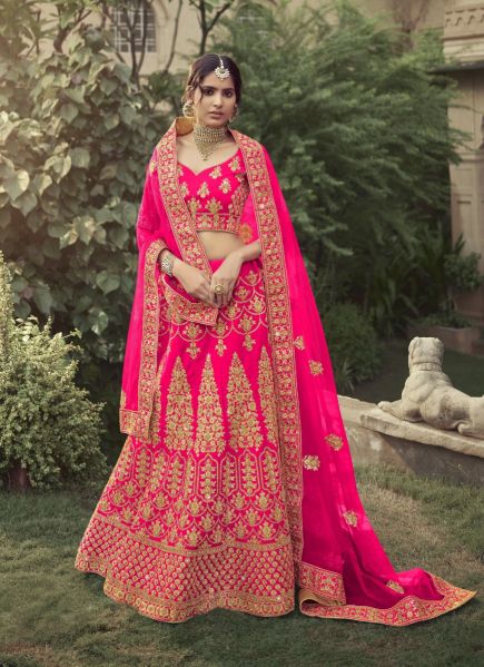 Deep Pink Satin Bridal Lehenga Choli