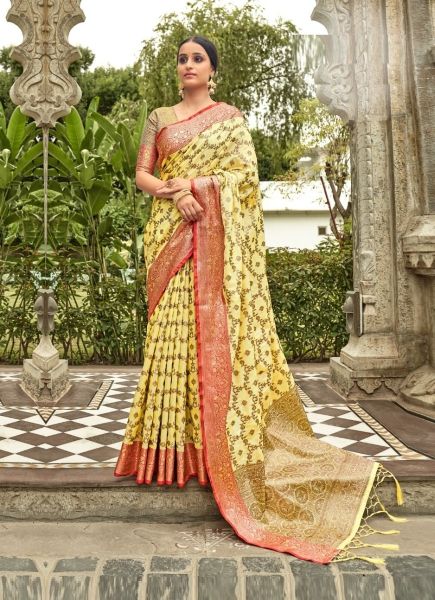 Light Yellow Tussar Silk Weaving Saree