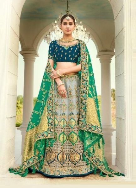 Light Green & Gray Banarasi Silk Jacquard Bridal Lehenga Choli