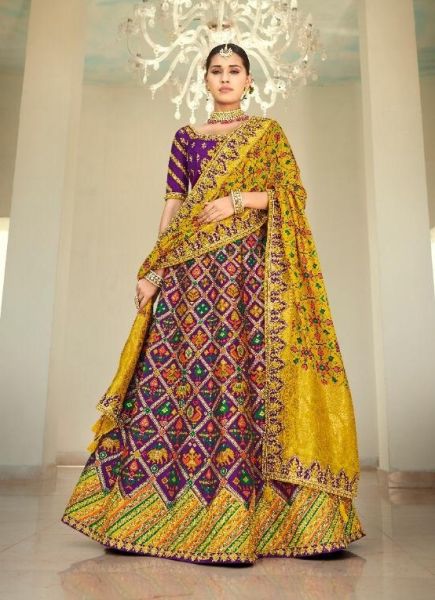 Yellow & Purple Banarasi Silk Jacquard Bridal Lehenga Choli