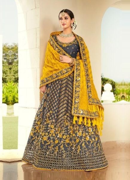 Yellow & Dark Blue Banarasi Silk Jacquard Bridal Lehenga Choli