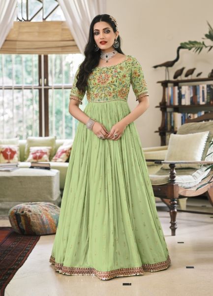 Light Green Pure Georgette With Heavy Embroidery Gown-Style Salwar Kameez