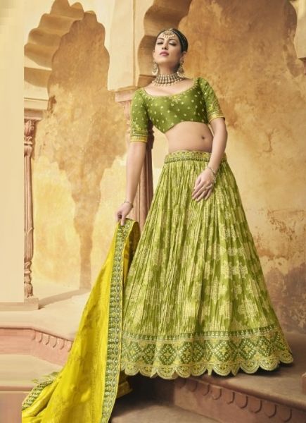 Light Olive Green Banarasi Silk Jacquard Bridal Lehenga Choli
