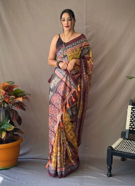 Multicolor Silk With Kalamkari Print Saree