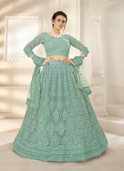 Light Blue Net With Silk Satin Bridal Lehenga Choli (With Can Can)