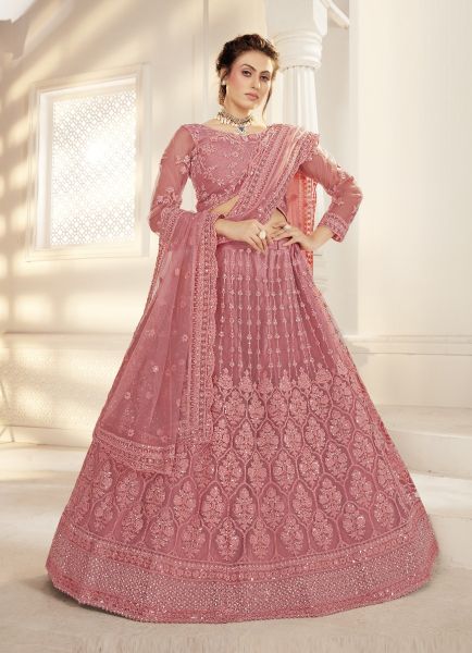 Light Coral Net With Silk Satin Bridal Lehenga Choli (With Can Can)