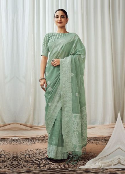 Mint Green Linen-Cotton Lakhnavi-Work Saree