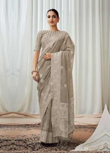 Gray Linen-Cotton Lakhnavi-Work Saree