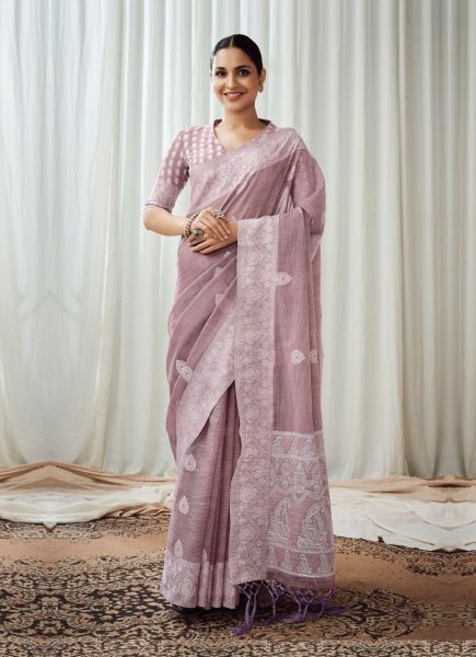 Rosy Brown Linen-Cotton Lakhnavi-Work Saree