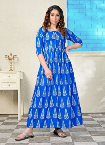 Royal Blue Muslin Printed Festive-Wear Plus-Size Kurti