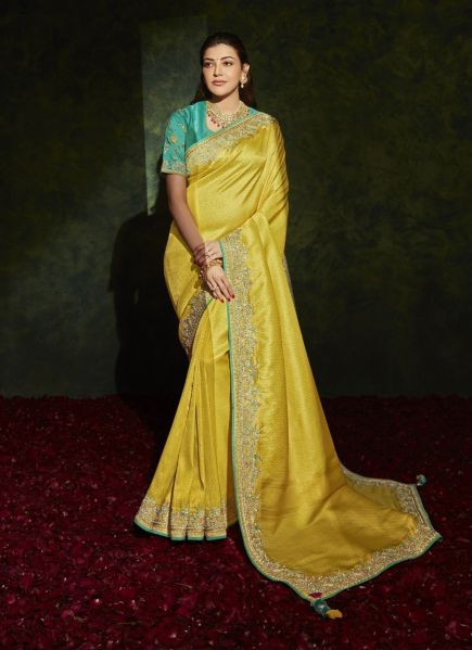 Yellow Organza Silk Embroidery Wedding-Wear Saree
