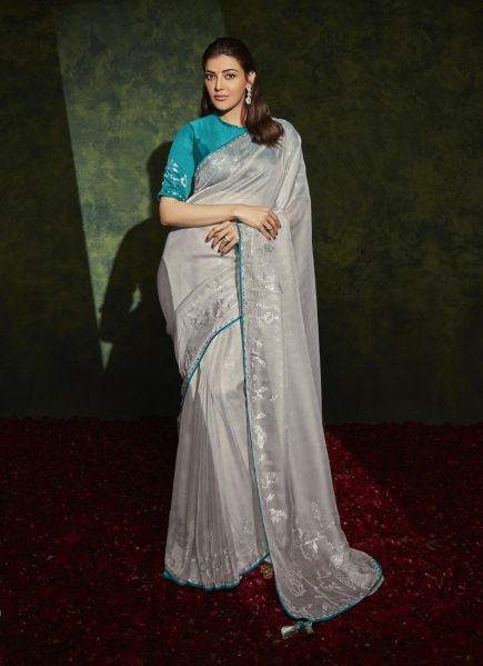 Light Gray Organza Silk Embroidery Wedding-Wear Saree