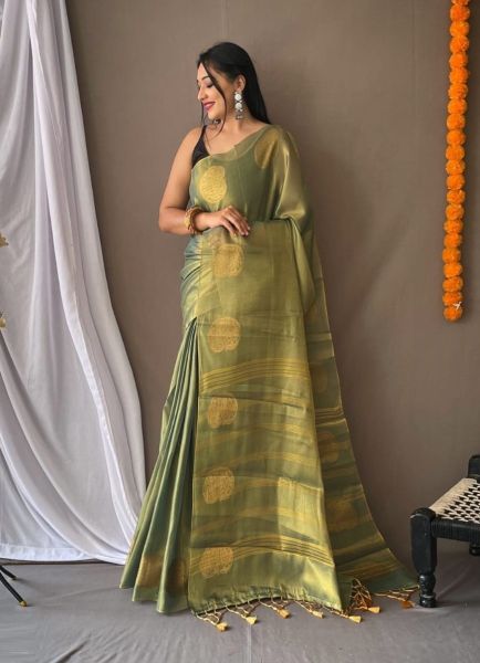 Sage Green Pure Tissue Silk With Zari Weaving Festive-Wear Saree