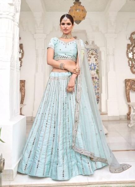 Sage Blue Silk Mirror-work wedding-wear Bridal Lehenga Choli
