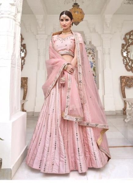 Baby Pink Silk Mirror-work wedding-wear Bridal Lehenga Choli