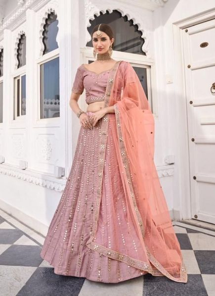 Mauve Pink Silk Mirror-work wedding-wear Bridal Lehenga Choli