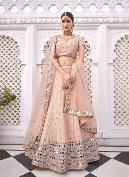 Peach Silk Mirror-work wedding-wear Bridal Lehenga Choli
