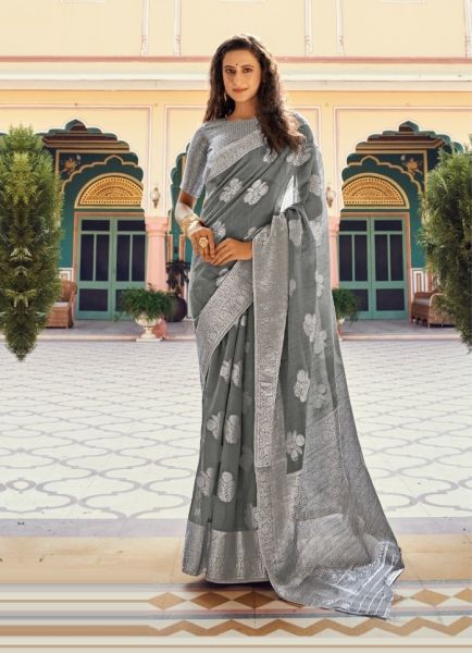 Gray Silk Weaving Festive-Wear Soft Silk Saree