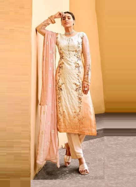 Cream & Orange Viscose Chinnon Chiffon With Embroidery Work Digital Printed Festive-Wear Pant-Bottom Salwar Kameez