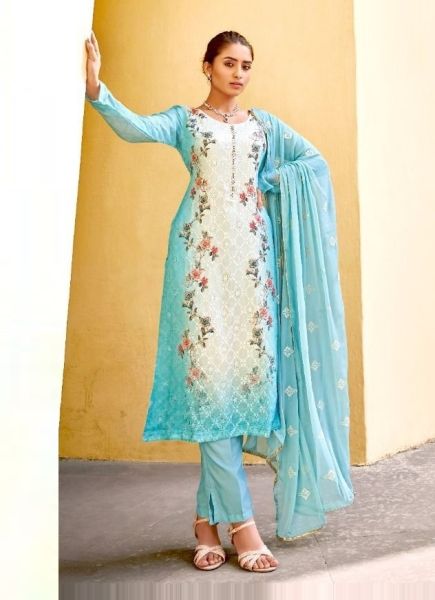 White & Sky Blue Viscose Chinnon Chiffon With Embroidery Work Digital Printed Festive-Wear Pant-Bottom Salwar Kameez