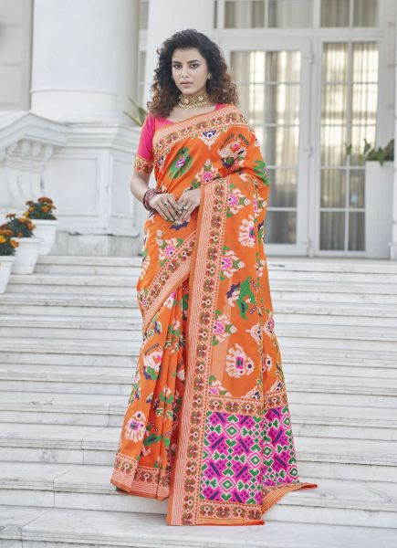 Orange Patola Silk Weaving Festive-Wear Saree