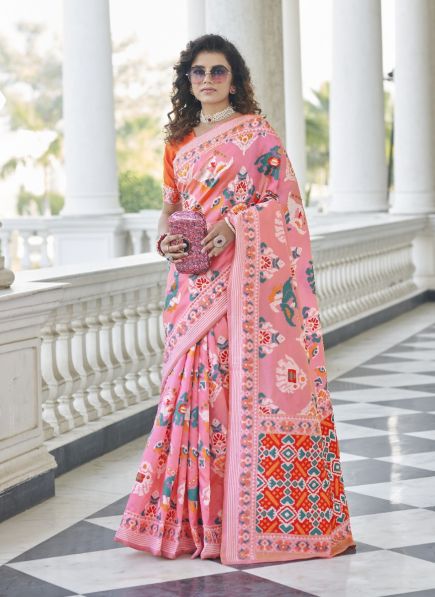Pink Patola Silk Weaving Festive-Wear Saree