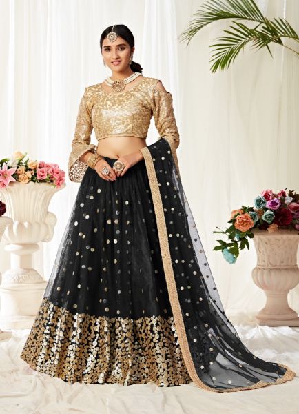 Black Net With Silk Satin Embroidery Party-Wear Stylish Lehenga Choli (With 2 Layer Can-Can) 