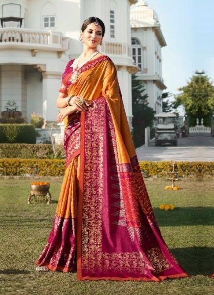 Orange Bhagalpuri Silk Patola Weaving Festive-Wear Saree