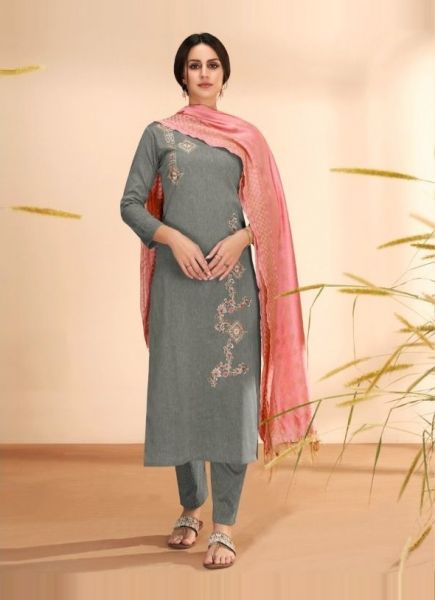 Gray Cotton With Embroidery Office-Wear Pant-Bottom Readymade Salwar Kameez