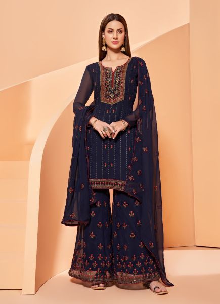 Midnight Blue Georgette Sequins Embroidery & Thread Work Ramadan Special Sharara-Bottom Salwar Kameez