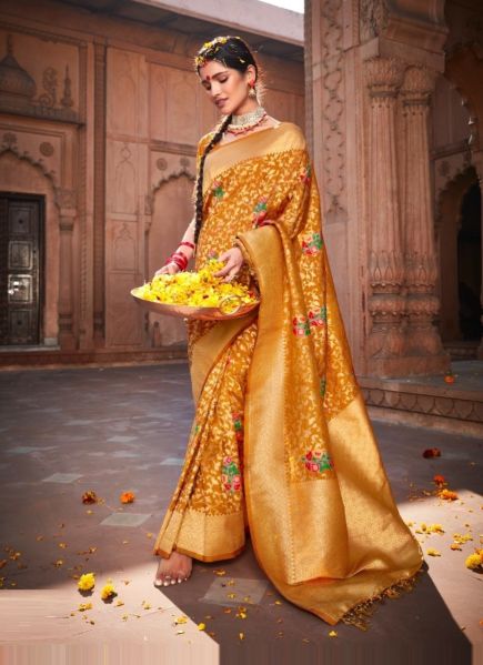 Orange Silk Weaving Festive-Wear Banarasi Silk Saree