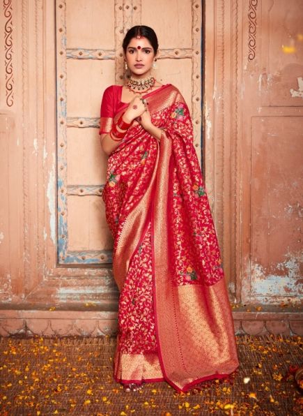 Red Silk Weaving Festive-Wear Banarasi Silk Saree
