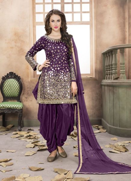 Purple Taffeta Silk Mirror-Work Patiala Salwar Kameez For Traditional / Religious Occasions