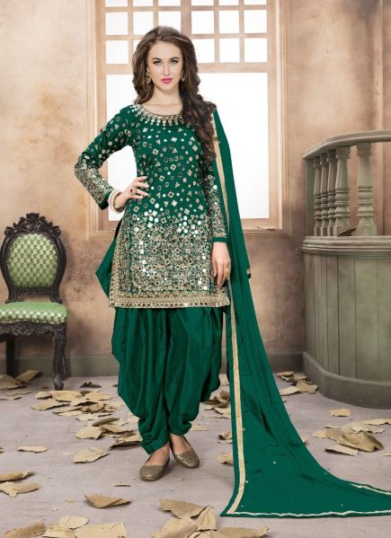 Green Taffeta Silk Mirror-Work Patiala Salwar Kameez For Traditional / Religious Occasions