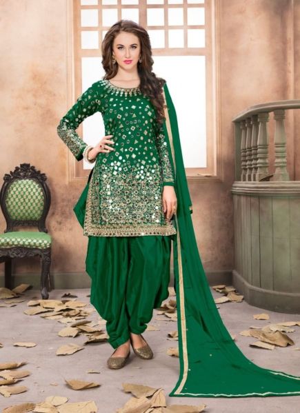 Green Taffeta Silk Mirror-Work Patiala Salwar Kameez For Traditional / Religious Occasions