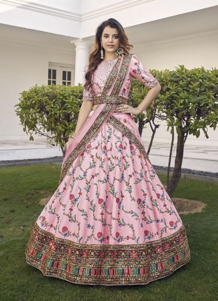Pink Silk Sequins Embroidery & Thread-Work Wedding-Wear Stylish Lehenga Choli (With Belt)
