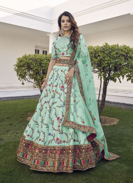 Aquamarine Silk Sequins Embroidery & Thread-Work Wedding-Wear Stylish Lehenga Choli (With Belt)